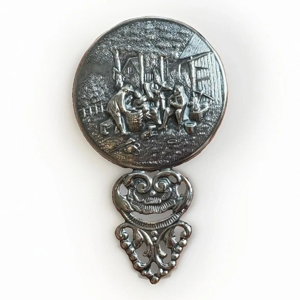 Vintage Hans Jensen of Denmark Pewter Hand Mirror Colonial Scene